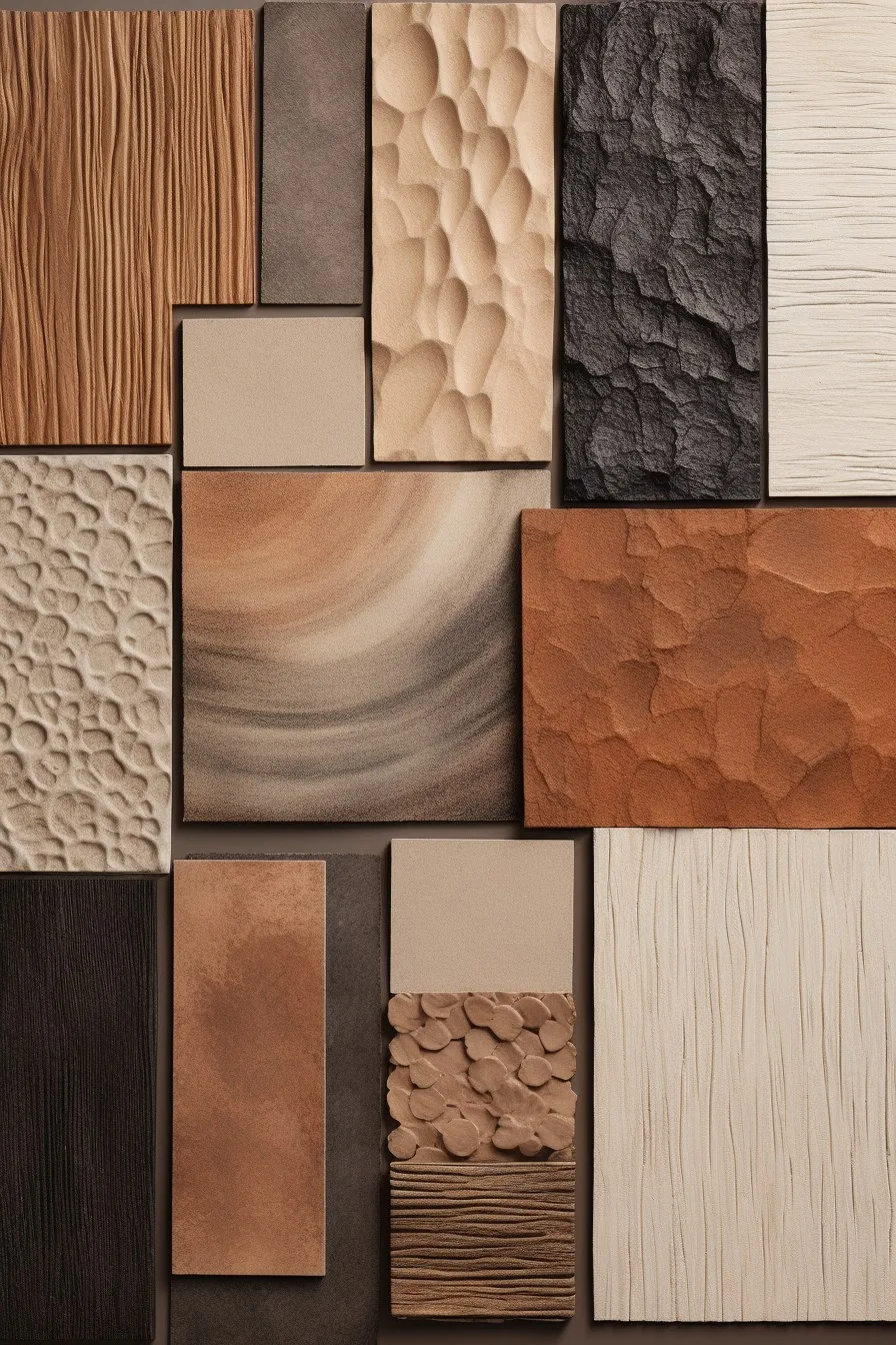 Composición de bloques de materiales con distintas texturas y tonos.
